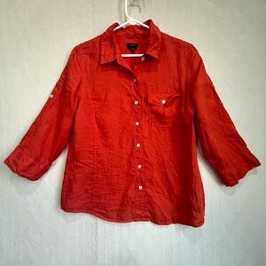 Talbots Pure Irish Linen Button Up Shirt Sz M Tangerine Coastal Nautical Beachy